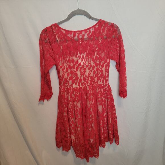 Free People Cherry Red Floral Mesh Lace 3/4 Sleeve Mini Bodycon Dress Size 0 - Picture 12 of 12